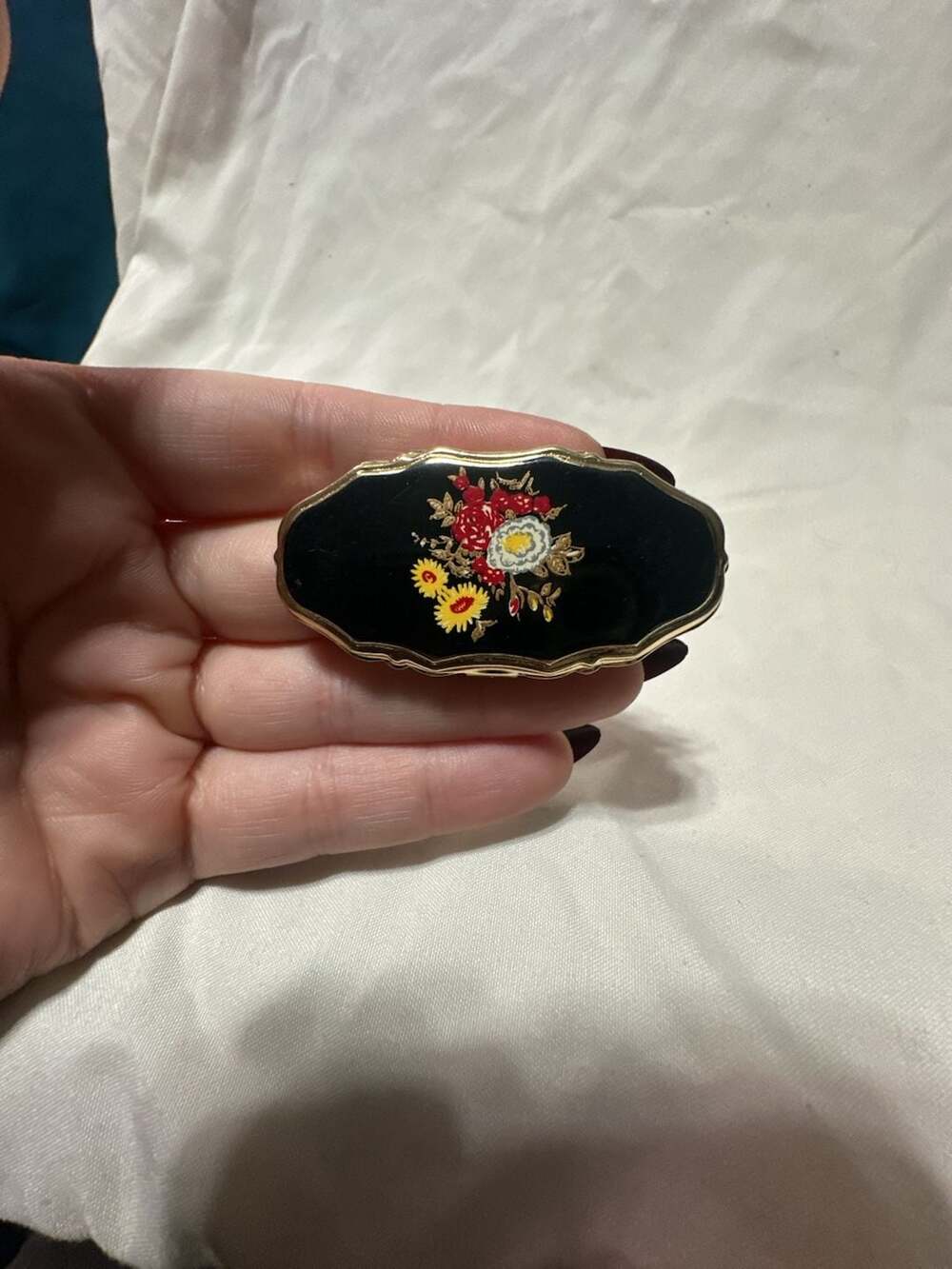 Vintage Japan Enamel Floral Black Gold Adjustable Statement Ring